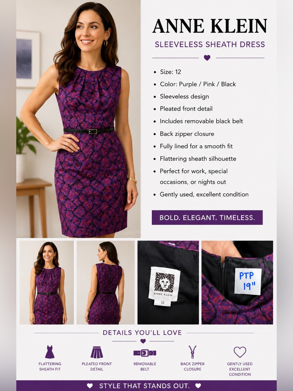 Anne Klein Purple and Pink Sleeveless Sheath Dress with Black Belt